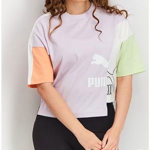 LIKE NEW! PUMA Logo Colorblock Cropped Tee Boxy Fit Pastel Multi Women’s Size S